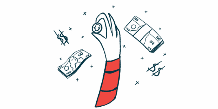 A hand holds up a coin amid dollar signs and packets of money in this illustration.