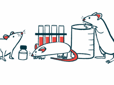 A trio of mice are seen climbing in and around test tubes and a beaker in a laboratory.