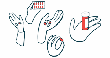 This illustration shows five hands, with each holding either pills or a prescription medication bottle.