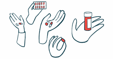 This illustration shows five hands, with each holding either pills or a prescription medication bottle.