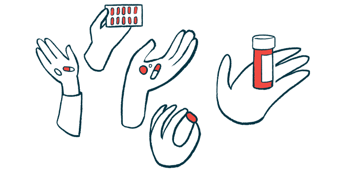 This illustration shows five hands, with each holding either pills or a prescription medication bottle.