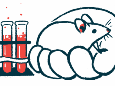 An oversized human hand holds a mouse alongside a rack of three vials filled with blood.