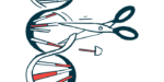 A DNA strand is sliced apart by scissors in this illustration.