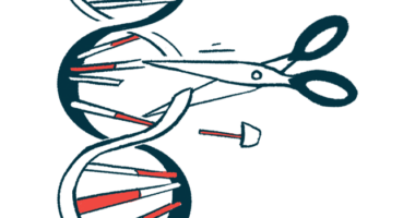 A pair of scissors is seen splicing a strand of DNA.