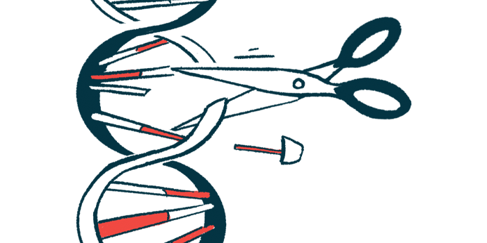 A pair of scissors is seen splicing a strand of DNA.