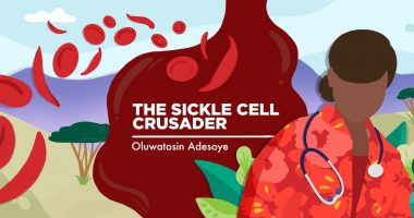 An illustrated banner showing a woman dressed in red with a stethoscope hanging on her neck. She is surrounded by floating blood cells.