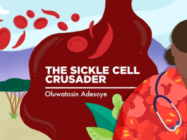 An illustrated banner showing a woman dressed in red with a stethoscope hanging on her neck. She is surrounded by floating blood cells. The column name is 