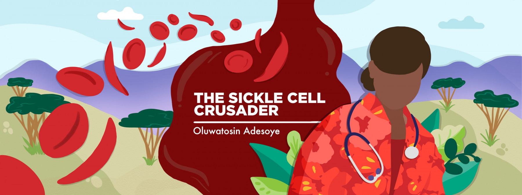 An illustrated banner showing a woman dressed in red with a stethoscope hanging on her neck. She is surrounded by floating blood cells. The column name is 