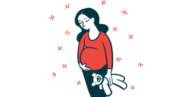 A pregnant woman cradles her abdomen while holding a stuffed toy.