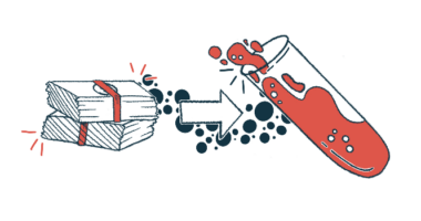 A large white arrow connects two packets of money to a giant test tube filled with blood in this research funding illustration.