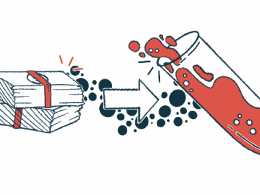 A large white arrow connects two packets of money to a giant test tube filled with blood in this research funding illustration.