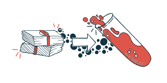 A large white arrow connects two packets of money to a giant test tube filled with blood in this research funding illustration.