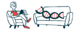 An illustration of a person delving into a gene therapy, shown as a psychologist taking notes on a DNA strand laying on a couch.