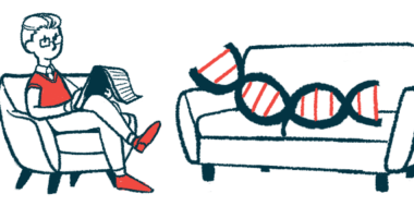 An illustration of a person delving into a gene therapy, shown as a psychologist taking notes on a DNA strand lying on a couch.