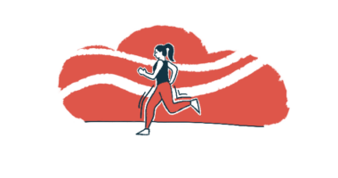 A person sporting a ponytail is seen running past a red-and-white wall.