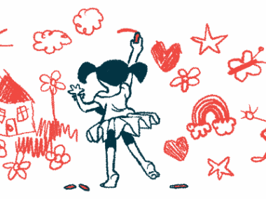 A child with pigtails and wearing a tutu draws pictures on a wall.