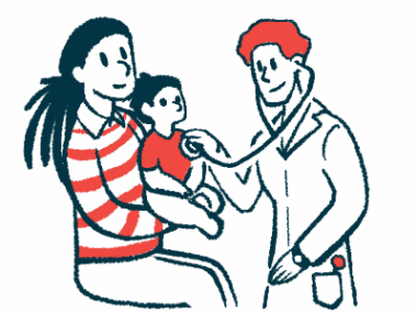 A doctor uses a stethoscope on a child being held by a parent.