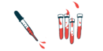 A dropper squirting blood is seen alongside four half-filled vials.