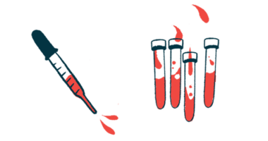 A dropper squirting blood is seen alongside four half-filled vials.