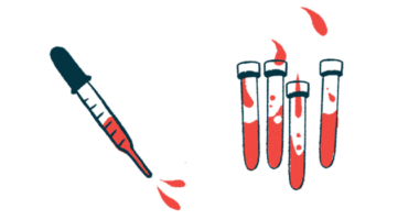A dropper squirting blood is seen alongside four half-filled vials.