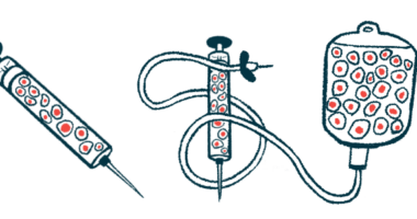 An illustration shows a close-up of cells contained in needles and an infusion bag, used for stem cell therapy.