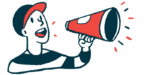 Illustration of a person in a baseball cap speaking through a megaphone cone.