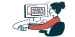Medical records data are seen on the screen of a person using a desktop computer.