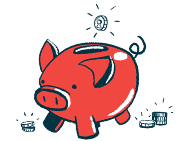 A coin is seen dropping into a piggy bank, with other coins stacked nearby.