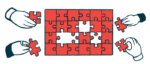 Illustration of hands placing red puzzle pieces into a larger puzzle with several missing pieces.