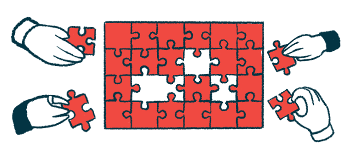 Illustration of hands placing red puzzle pieces into a larger puzzle with several missing pieces.