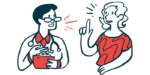 A woman talks to a doctor holding a clipboard.