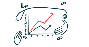 A set of hands and a stethoscope frame a graph marked Clinical Trial.