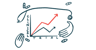 A set of hands and a stethoscope frame a graph marked Clinical Trial.