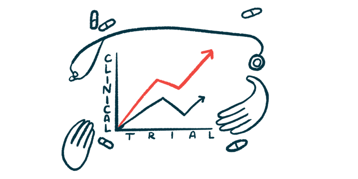 A set of hands and a stethoscope frame a graph marked Clinical Trial.