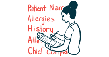 A person fills in a patient infromation sheet on a clipboard checklist, with data categories listed as a backdrop.