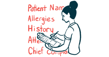 A person fills in a patient infromation sheet on a clipboard checklist, with data categories listed as a backdrop.