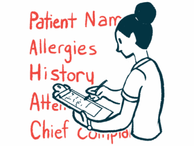 A person fills in a patient infromation sheet on a clipboard checklist, with data categories listed as a backdrop.
