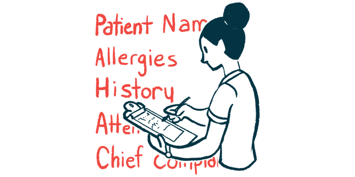 A person fills in a patient infromation sheet on a clipboard checklist, with data categories listed as a backdrop.