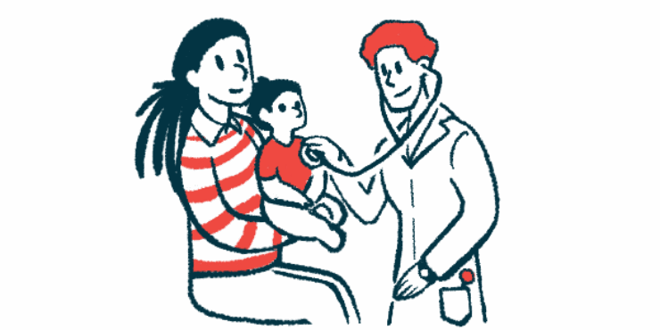 A clinician uses a stethoscope to examine a child seated on a parent's lap.