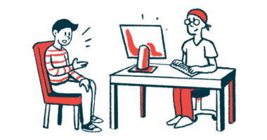 Illustration of a patient speaking with a healthcare provider at a desk during a medical visit.