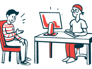 Illustration of a patient speaking with a healthcare provider at a desk during a medical visit.