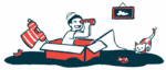 A boy in a sailor hat sits in a cardboard box with a fishing pole and a spyglass.