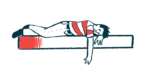 A person in a red and white shirt lies face down on a slab with one arm dangling over the side.