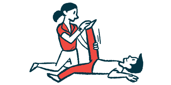 A person in red pants has their leg stretched by a physical therapist.