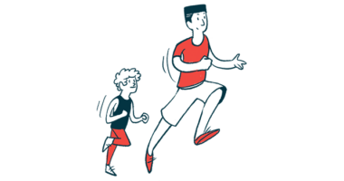 An adult and a child in exercise clothes run together.