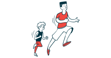 An adult and a child in exercise clothes run together.