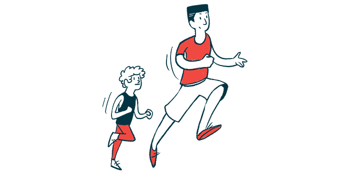 An adult and a child in exercise clothes run together.