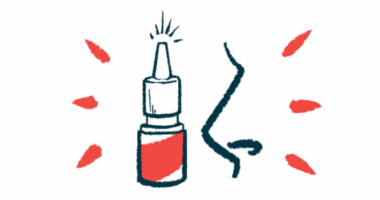 An intranasal spray bottle is shown next to a side profile of a nose.