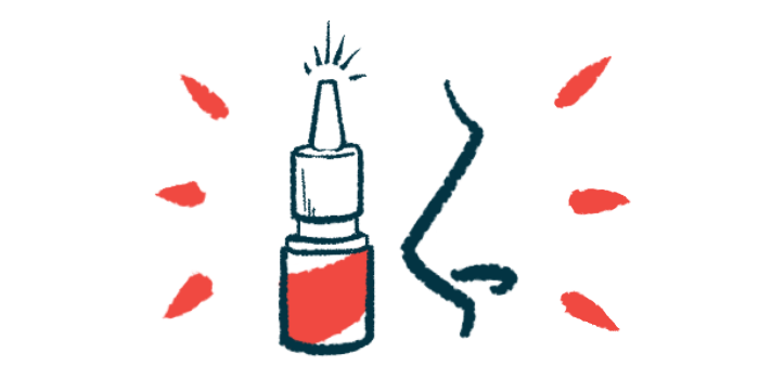 An intranasal spray bottle is shown next to a side profile of a nose.