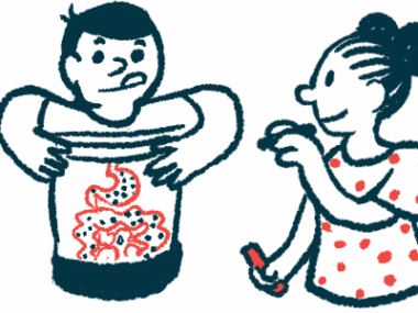 A child draws a picture of the human digestive tract showing gut bacteria on a friend's stomach.